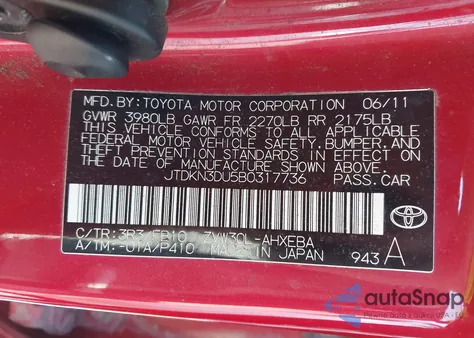 2011 Toyota Prius Two from USA, damaged, VIN JTDKN3DU5B0317736